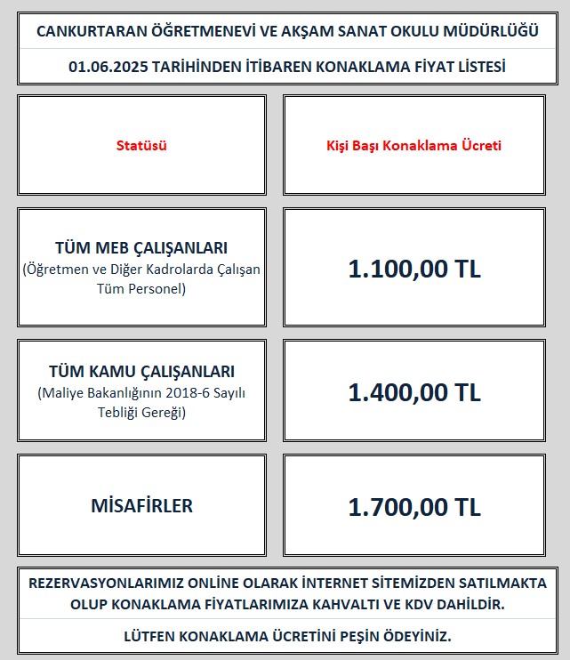 Fatih Cankurtaran Öğretmenevi 2025 Fiyat Listesi